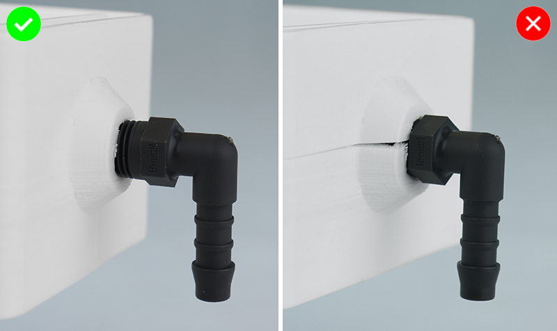 Правилно и неправилно затягане на коляното на кондензната ваничка с видими и без видими резби. 